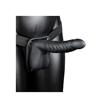 Ribbed Hollow Strap-On with Balls Black