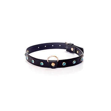 Fetish BDSM Collar with Turquoise Crystals - 2 cm - Vegan Leather