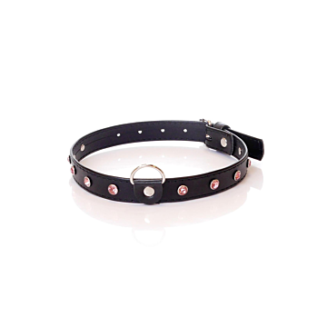 Fetish BDSM Collar with Pink Crystals - 2 cm - Vegan Leather