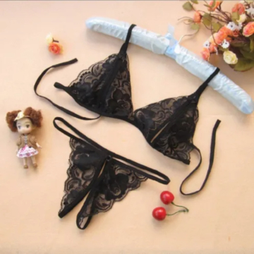 Black Bra+Underwear+Socks Open See-Through Bra Panty Set os