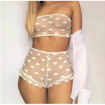 Women Sexy Mesh  Heart-Shaped Lingerie Set White