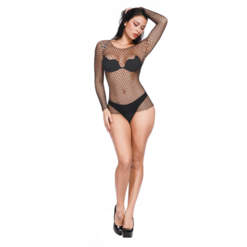 Ladies Hot See-through Fishnet Long-sleeved Dress Black One Size