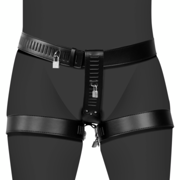 Ouch PU Leather Female Chastity Belt with Leg Restraint - Black