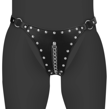 Ouch PU Leather Chastity Thong with Chain Detail - Black