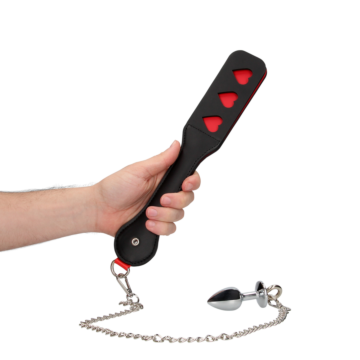 Ouch Hearts Paddle with Metal Anal Plug - Black