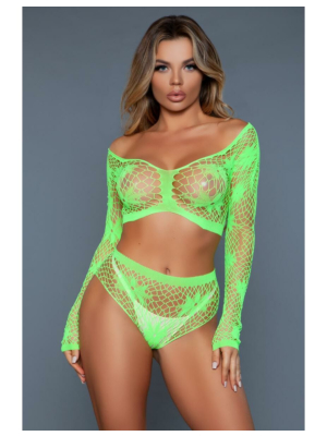 BeWicked Lingerie Floral Neon Green Set