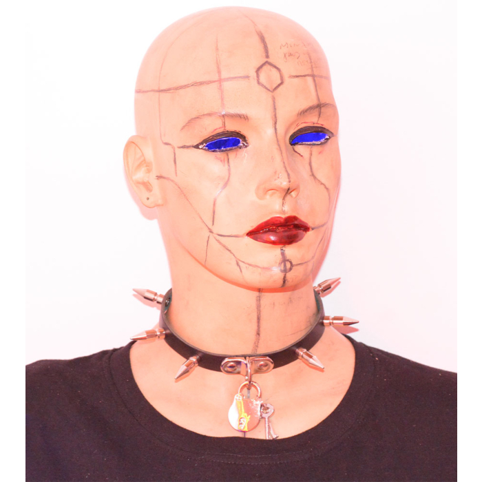 1 ROW MEDIUM SPIKE AND PADLOCK LEATHER CHOCKER - BLACK