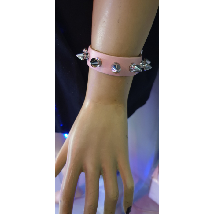 Leather Handmade Wristband with Spikes - Pink - BDSM Leather Handmade Wristband with Spikes - Pink - BDSM