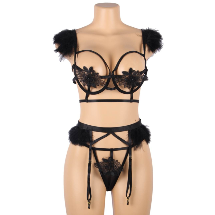 Plus Size Sexy 3pcs Embroidery Applique Feather Bra Panty Set With Underwire Plus Size Sexy 3pcs Embroidery Applique Feather Bra Panty Set With Underwire