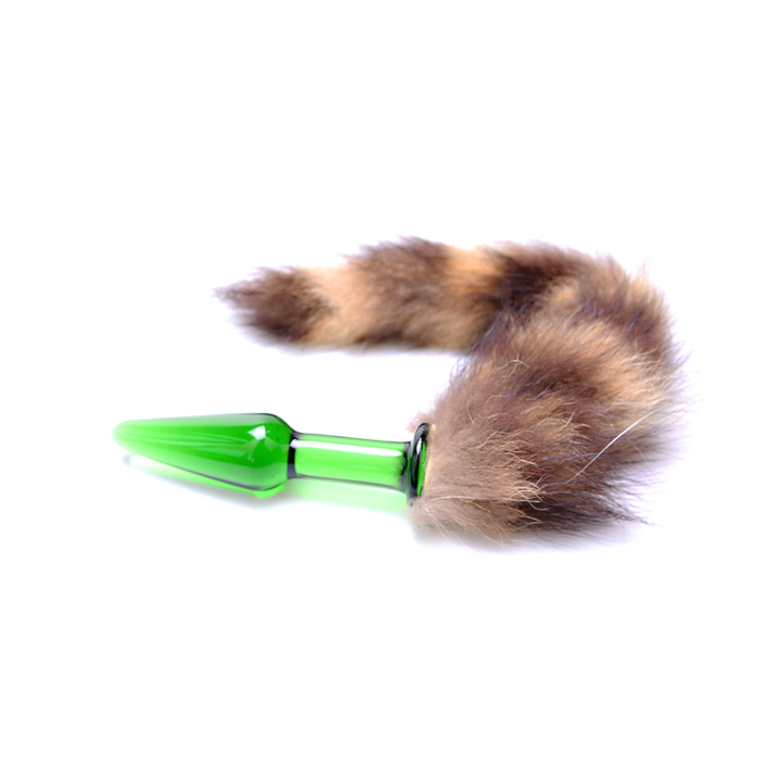 Small Glass Butt Plug with Fox Tail - Brown Stripes - Green Glass Small Glass Butt Plug with Fox Tail - Brown Stripes - Green Glass