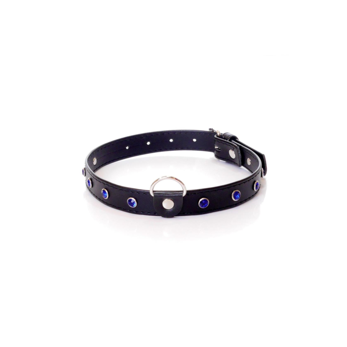 Fetish BDSM Collar with Navy Blue Crystals - 2 cm - Vegan Leather