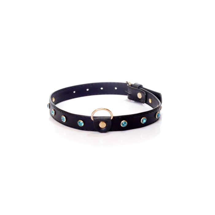 Fetish BDSM Collar with Turquoise Crystals - 2 cm - Vegan Leather