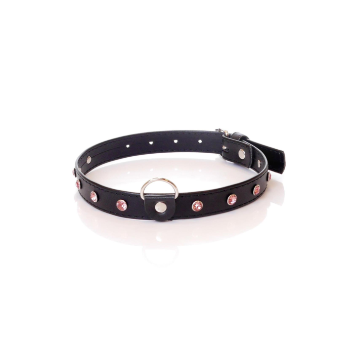 Fetish BDSM Collar with Pink Crystals - 2 cm - Vegan Leather