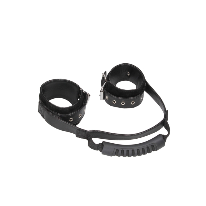 Bonded Leather Hand Cuffs With Handle - With Adjustable Straps Bonded Leather Hand Cuffs With Handle - With Adjustable Straps