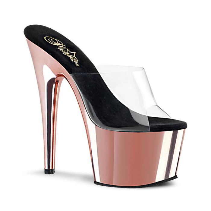 Pleaser high heels platform slide mules clear rose gold chrome